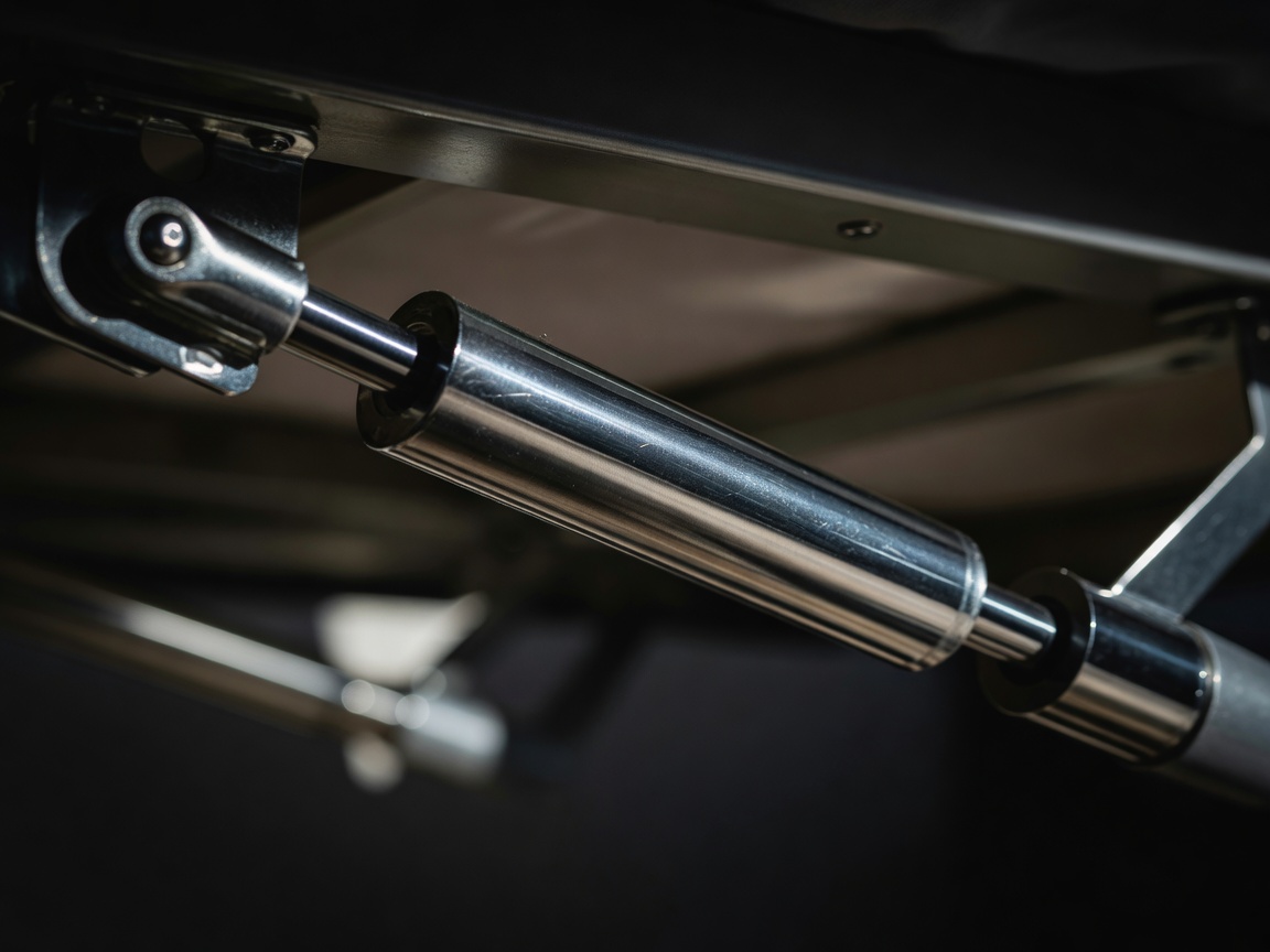 A high-contrast macro shot of a metallic hydraulic strut used in a foldable bed.