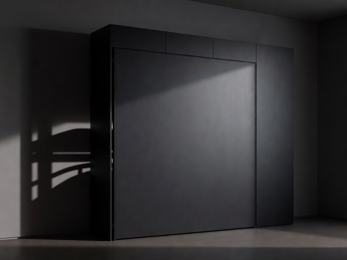 A sleek wall bed system collapsed into a dark, minimalist wall unit.